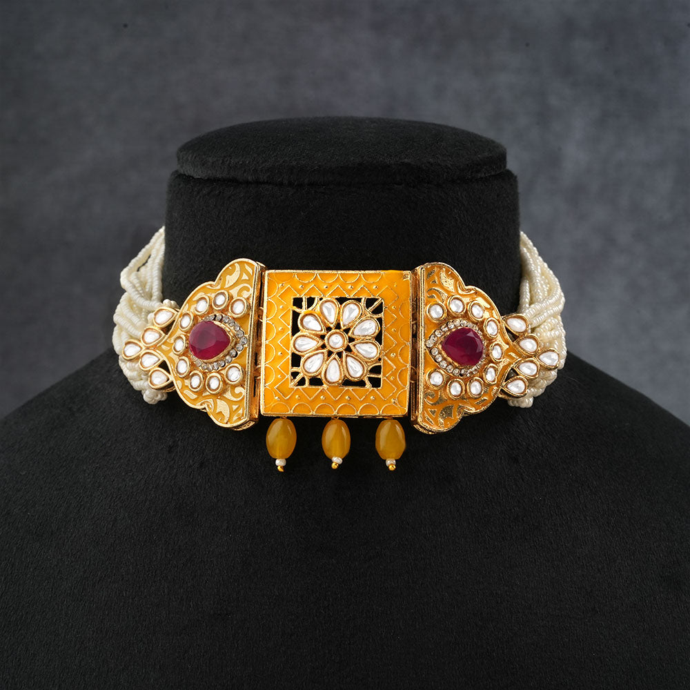 Anaira- Stone studded neckpiece set(Yellow)