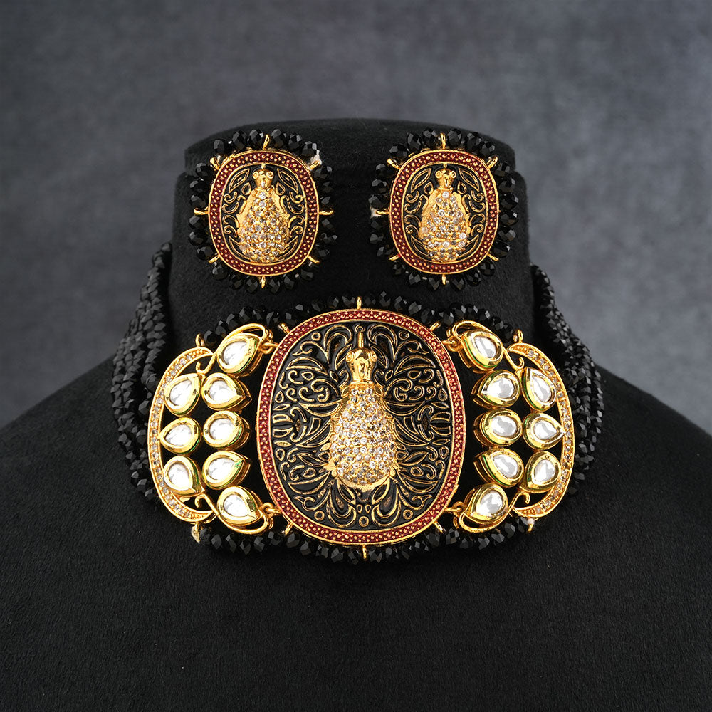 Tanira- Stone studded neckpiece set(Black)