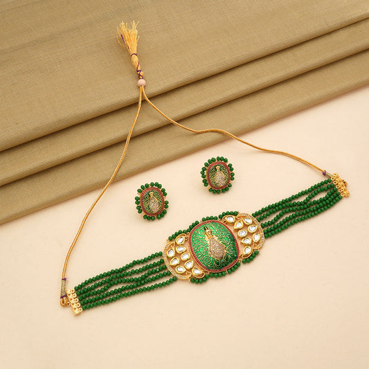 Tanira- Stone studded neckpiece set(Green)