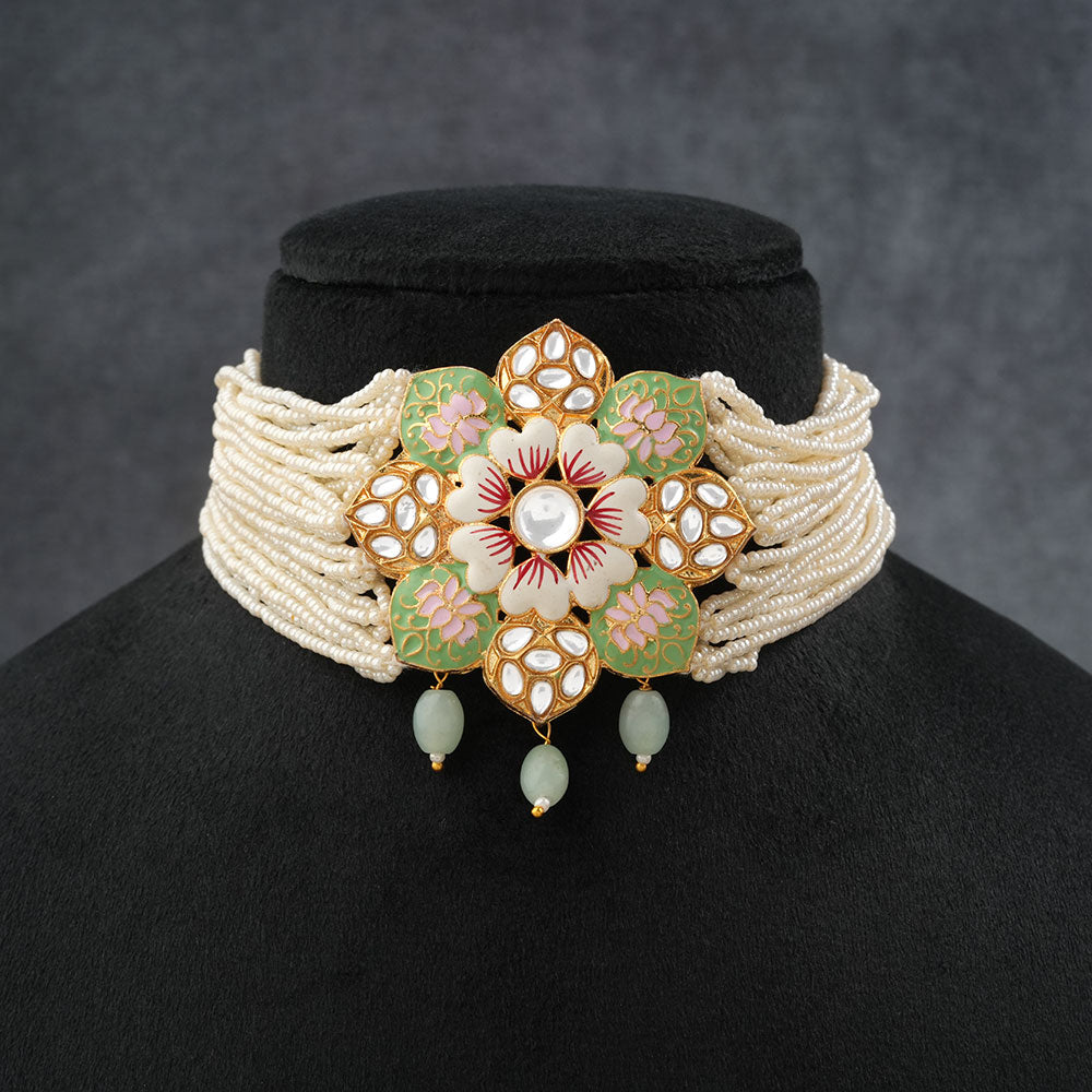 Liyana- Stone studded Neckpiece set (Parrot Green)