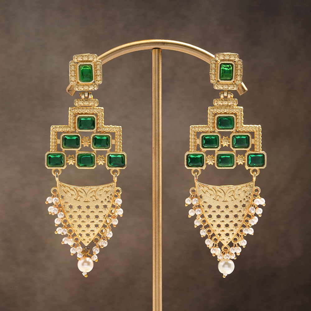 Arvya- Stone studded hanging pearls dangler earrings(Green)