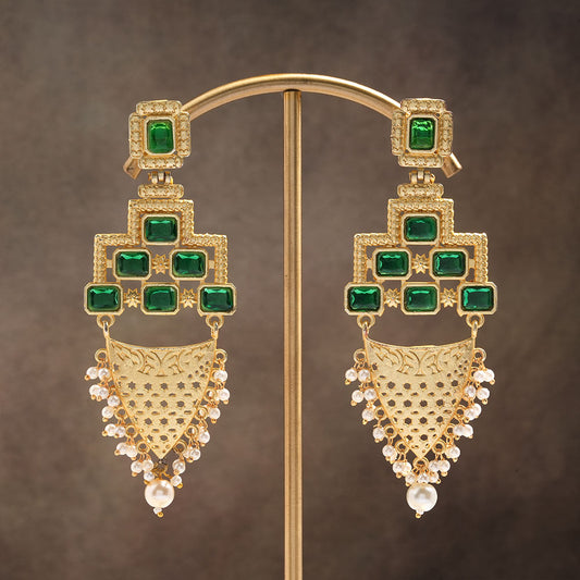 Arvya- Stone studded hanging pearls dangler earrings(Green)