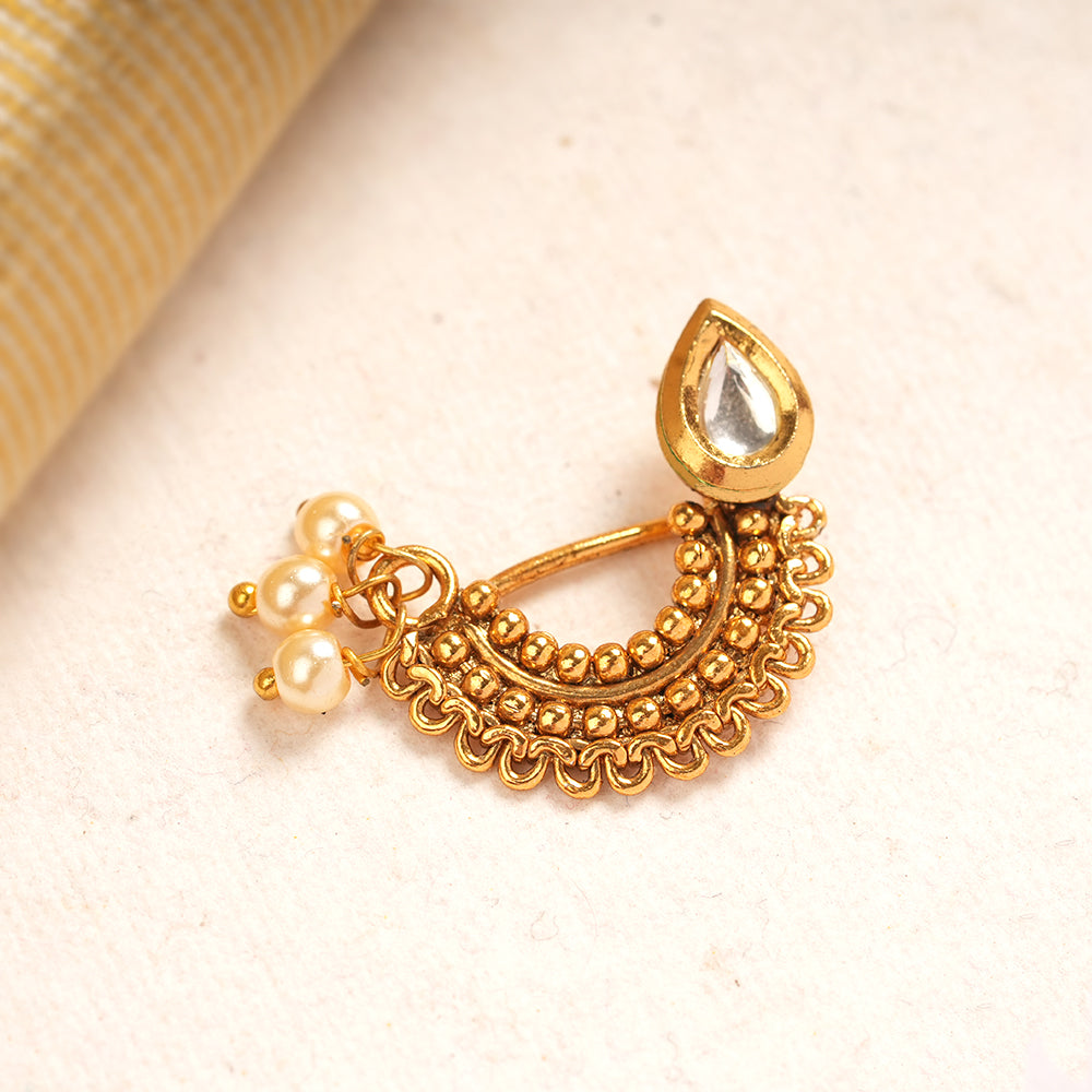 Shruti- Stone Studded Hanging Pearl Nath(White)