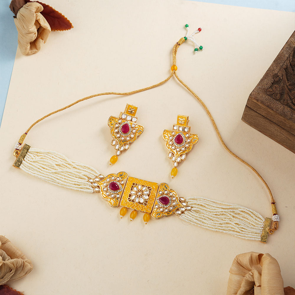 Anaira- Stone studded neckpiece set(Yellow)