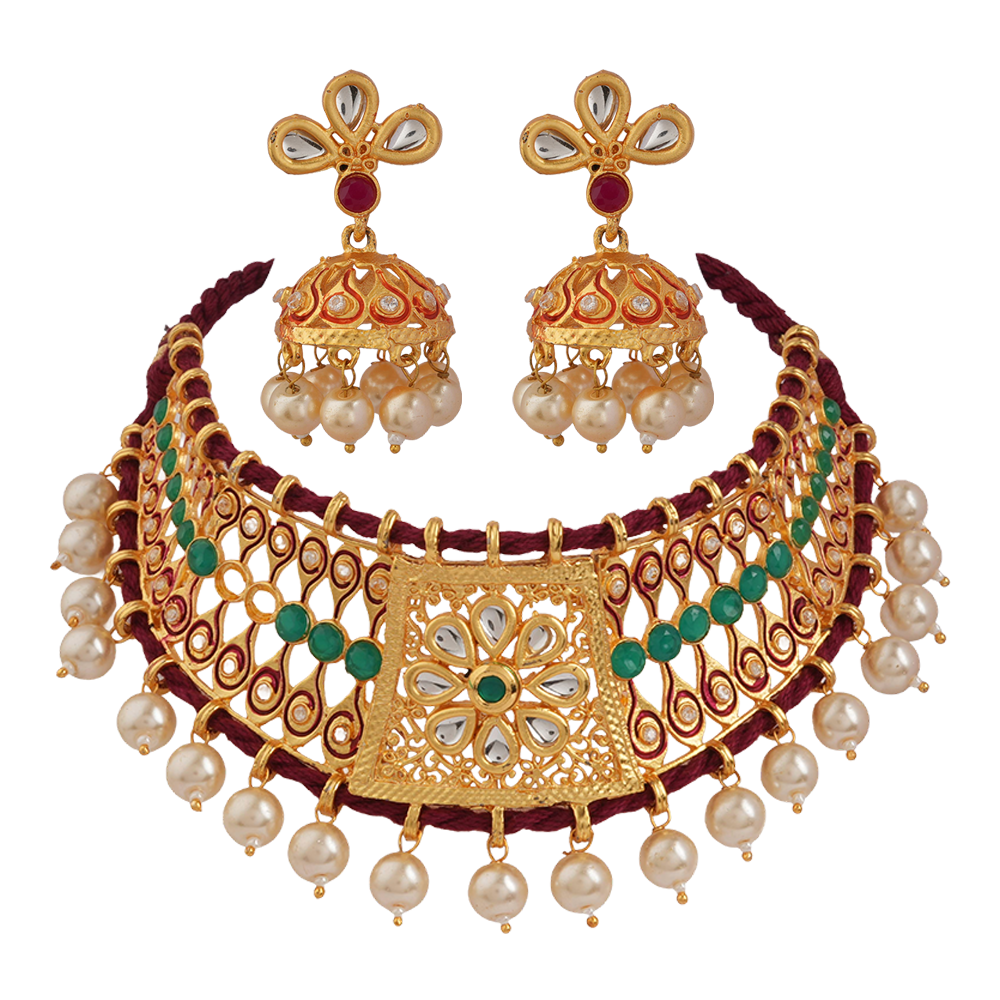 Anira- Stone studded hanging pearls Neckpiece set (Multicolore)