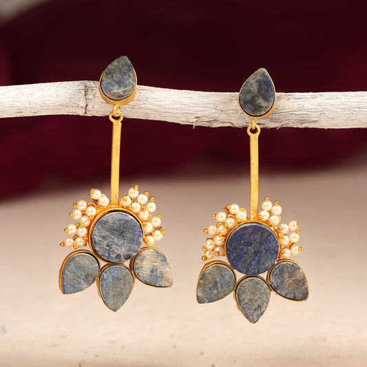 Ziyana- Stone Studded Baby Pearl Dangler Earrings(Blue)