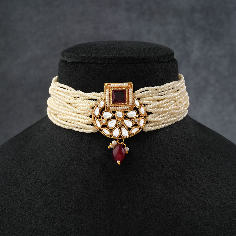 Veha- Stone studded Neckpiece set(Red)