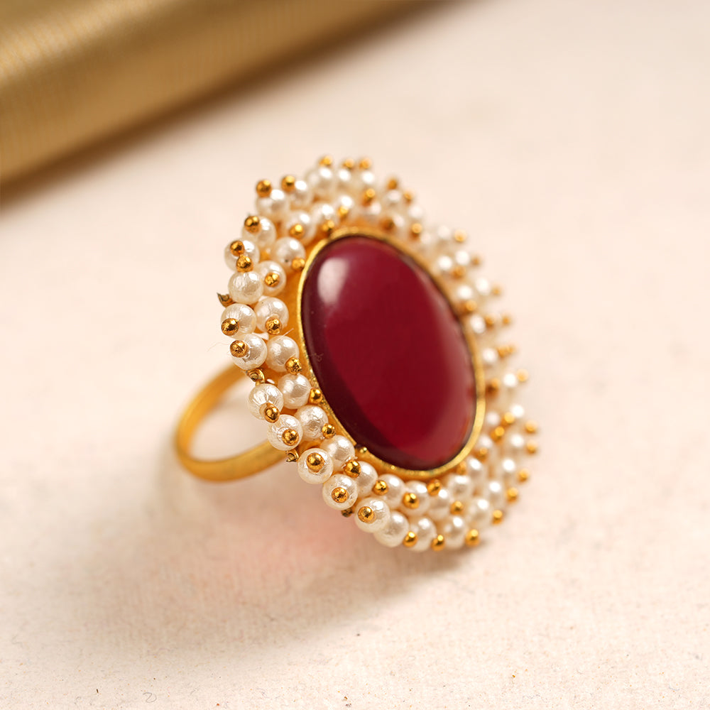 Bhavya- Stone Studded Pearl Framed ring(Red)