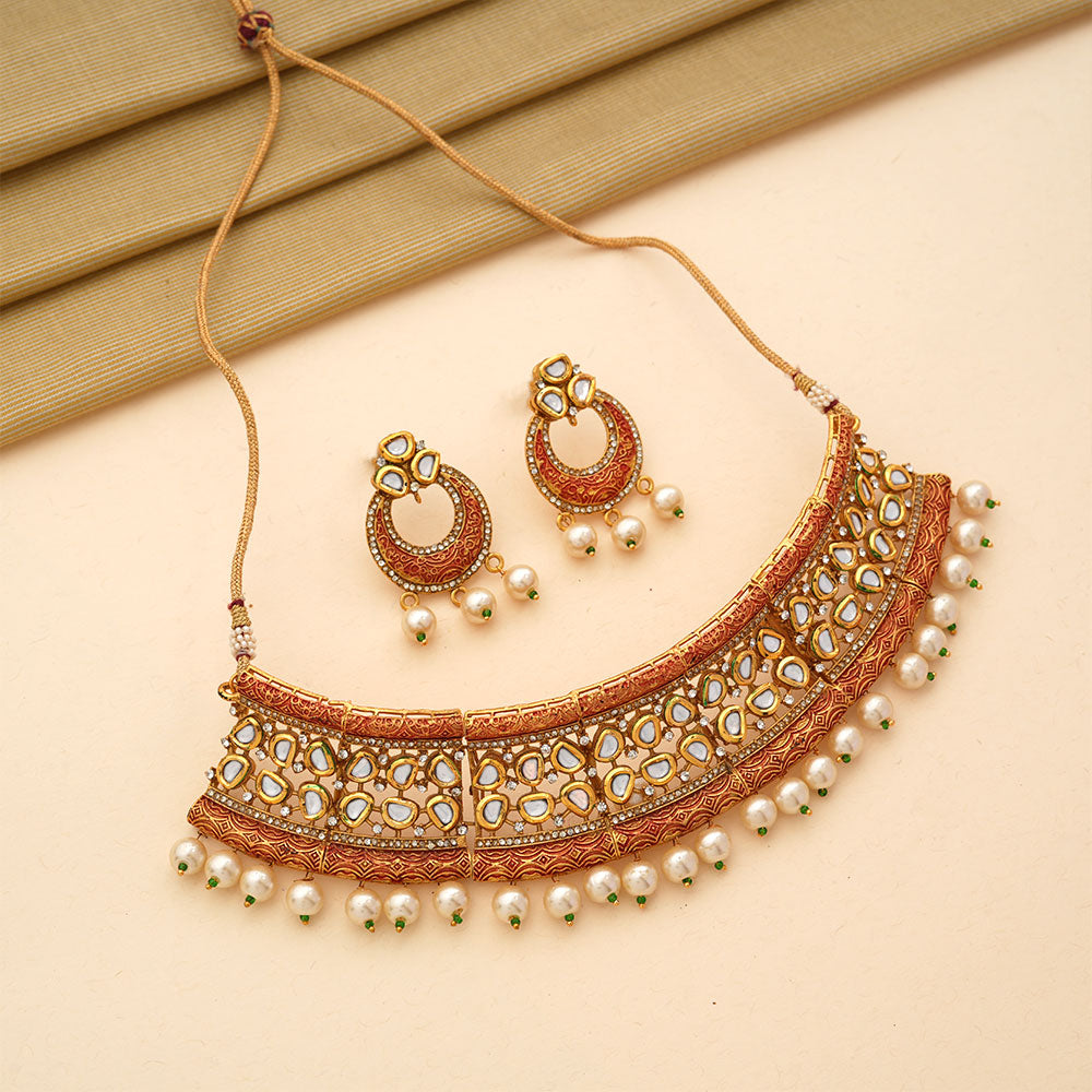 Siyona- Stone studded hanging pearls Neckpiece set
