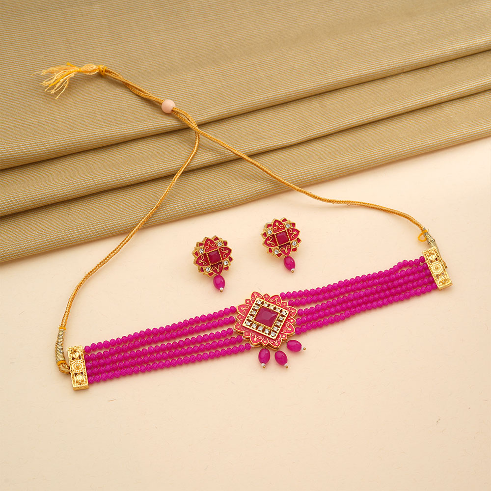 Iyana- Stone studded Neckpiece set(Dark Pink)