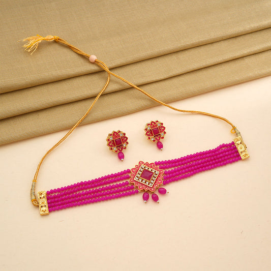 Iyana- Stone studded Neckpiece set(Dark Pink)