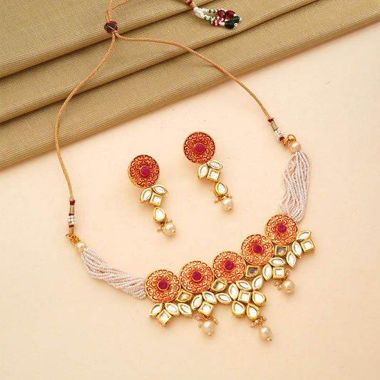 Zerina- Stone studded hanging pearls Neckpiece set