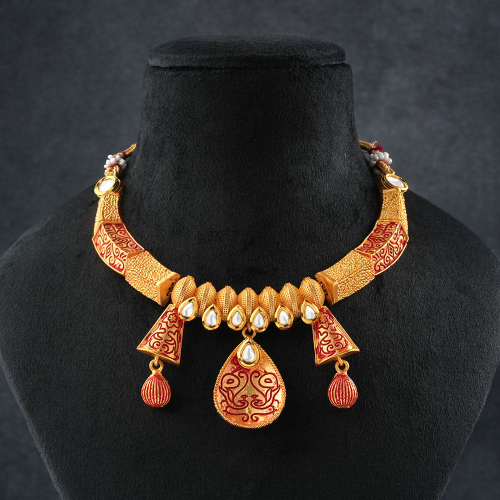 Reyshi- Stone studded hanging pearls Neckpiece(White)