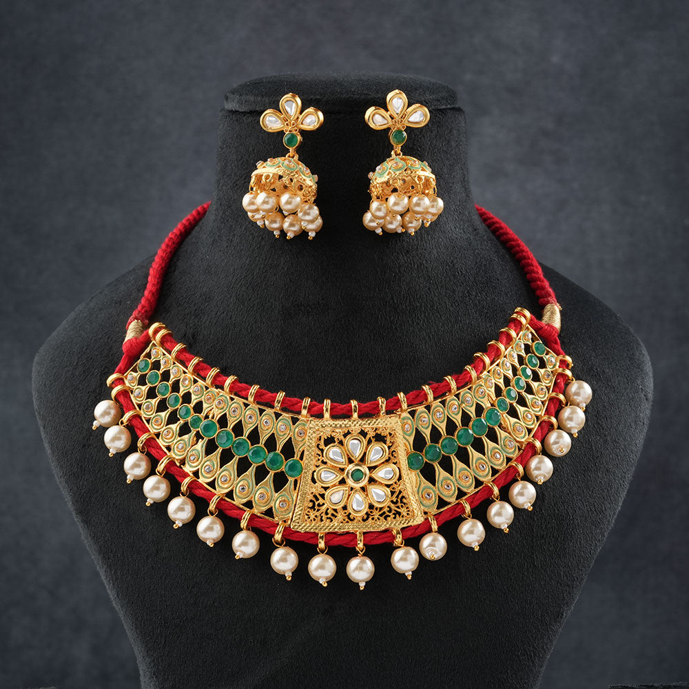 Anira- Stone studded hanging pearls Neckpiece set (Green)