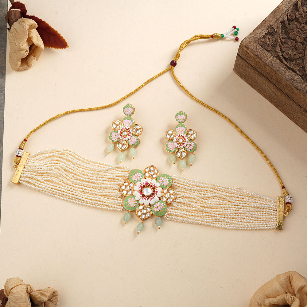 Liyana- Stone studded Neckpiece set (Parrot Green)
