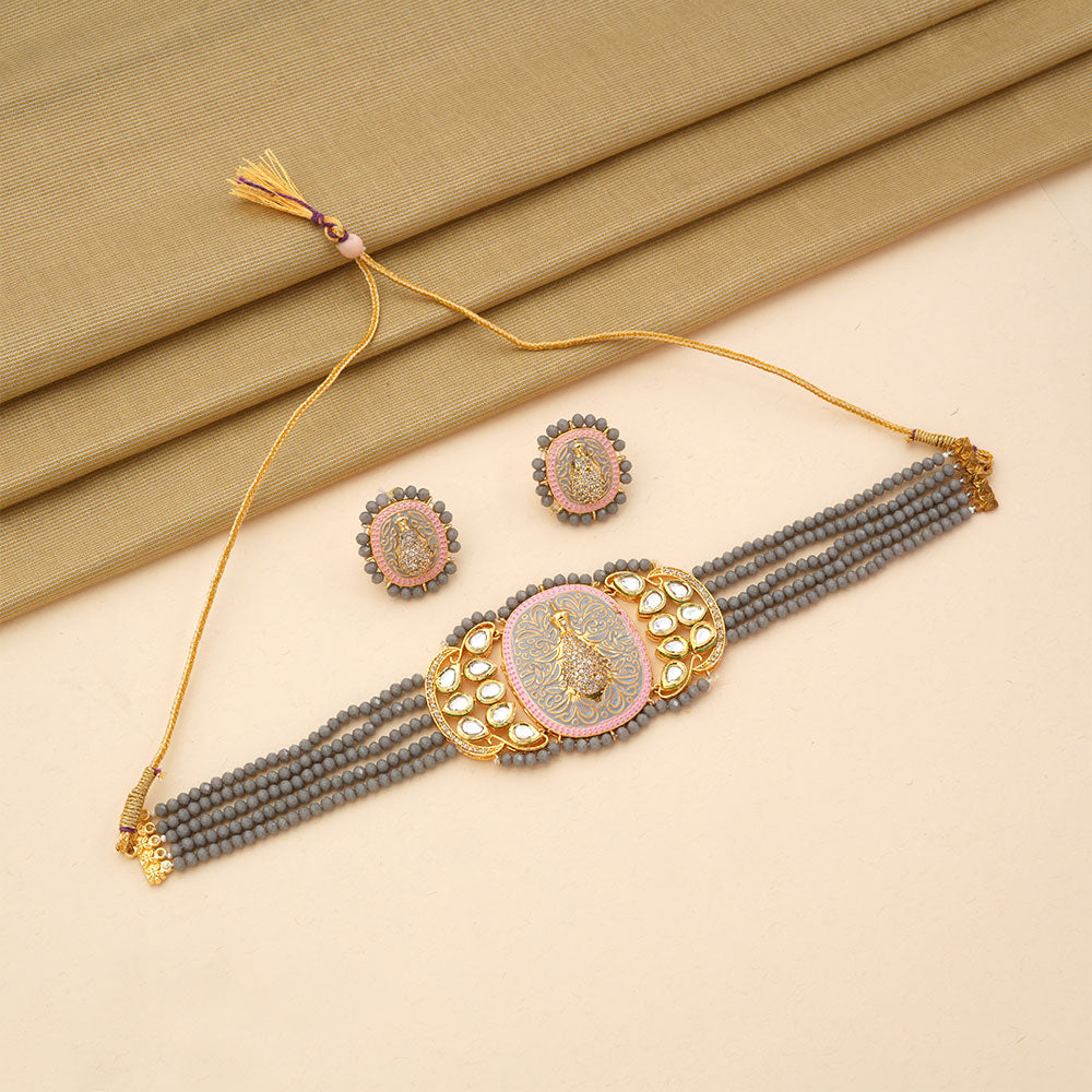 Tanira- Stone studded neckpiece set(Gray)