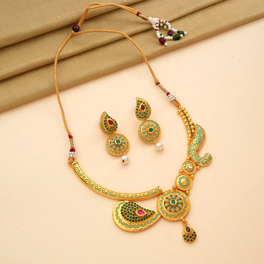 Evania- Stone studded hanging pearls Neckpiece set