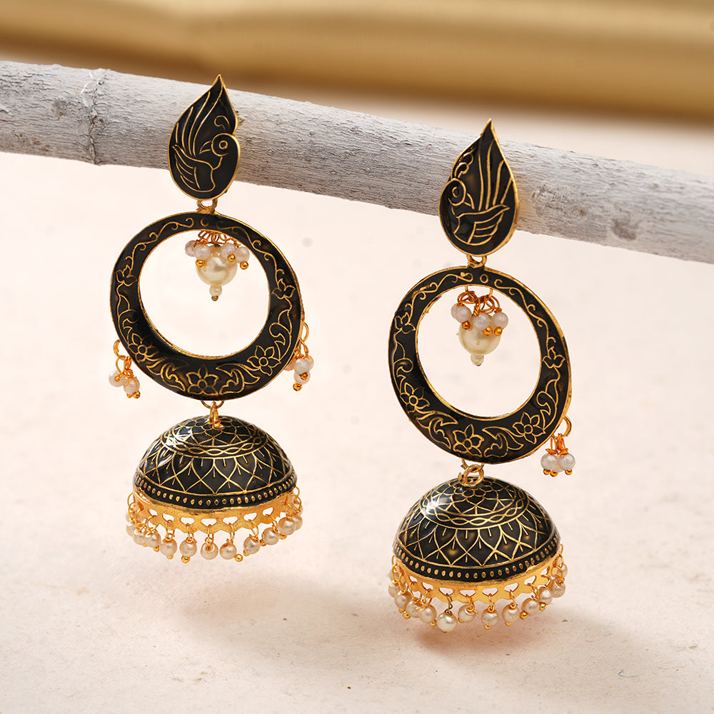 Heer- Stone Studded Hanging Pearl Jhumka Earrings (Black)