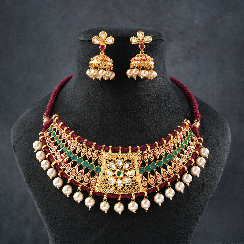 Anira- Stone studded hanging pearls Neckpiece set (Multicolore)