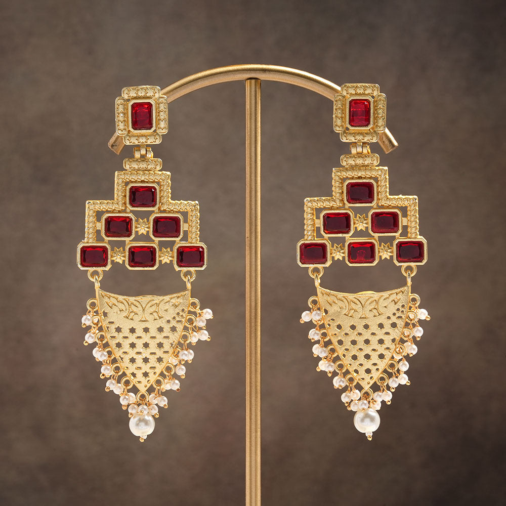 Arvya- Stone studded hanging pearls dangler earrings(Red)