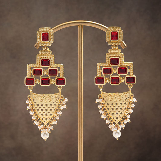 Arvya- Stone studded hanging pearls dangler earrings(Red)
