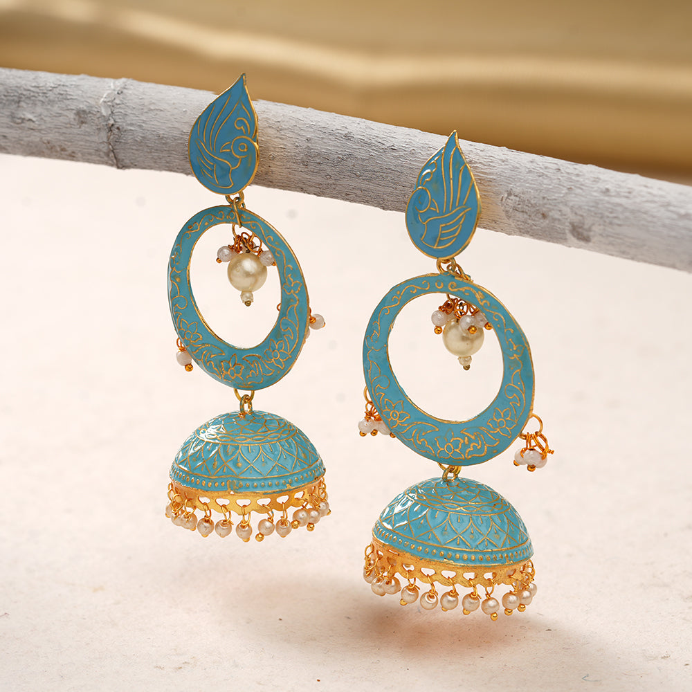 Heer- Stone Studded Hanging Pearl Jhumka Earrings (Sky Blue)