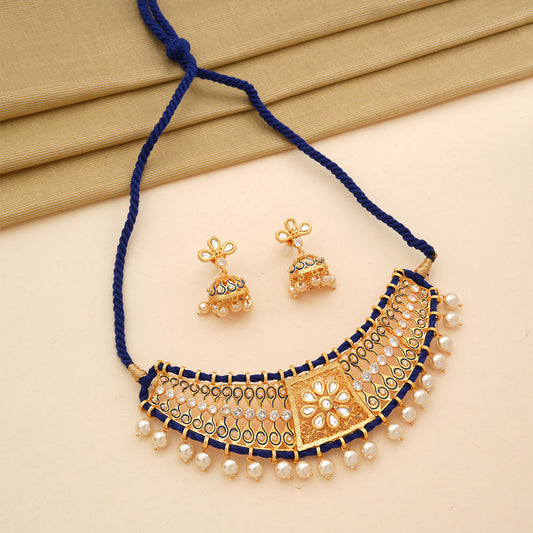 Anira- Stone studded hanging pearls Neckpiece set (White)