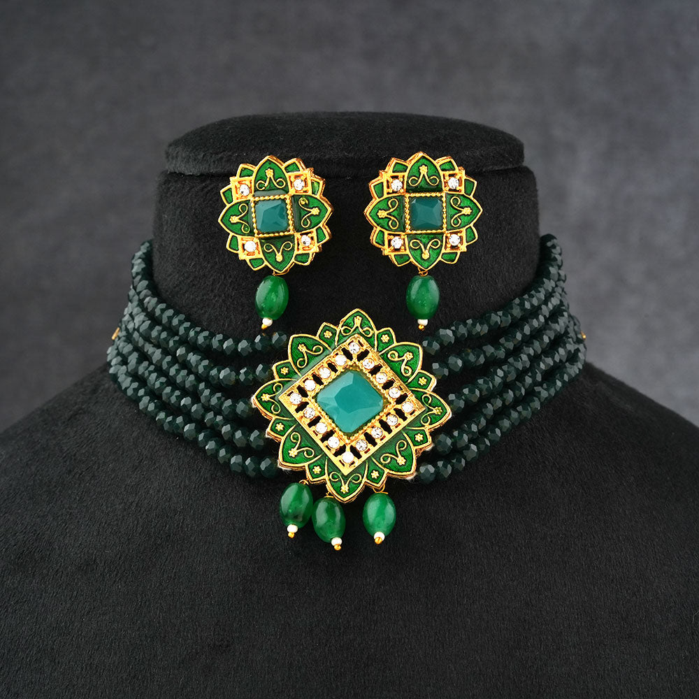 Iyana- Stone studded Neckpiece set(Green)