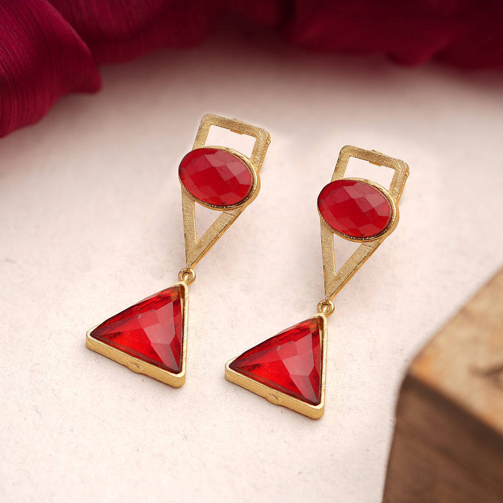 Anaya- Stone Studded Framed Dangler Earrings(Red)