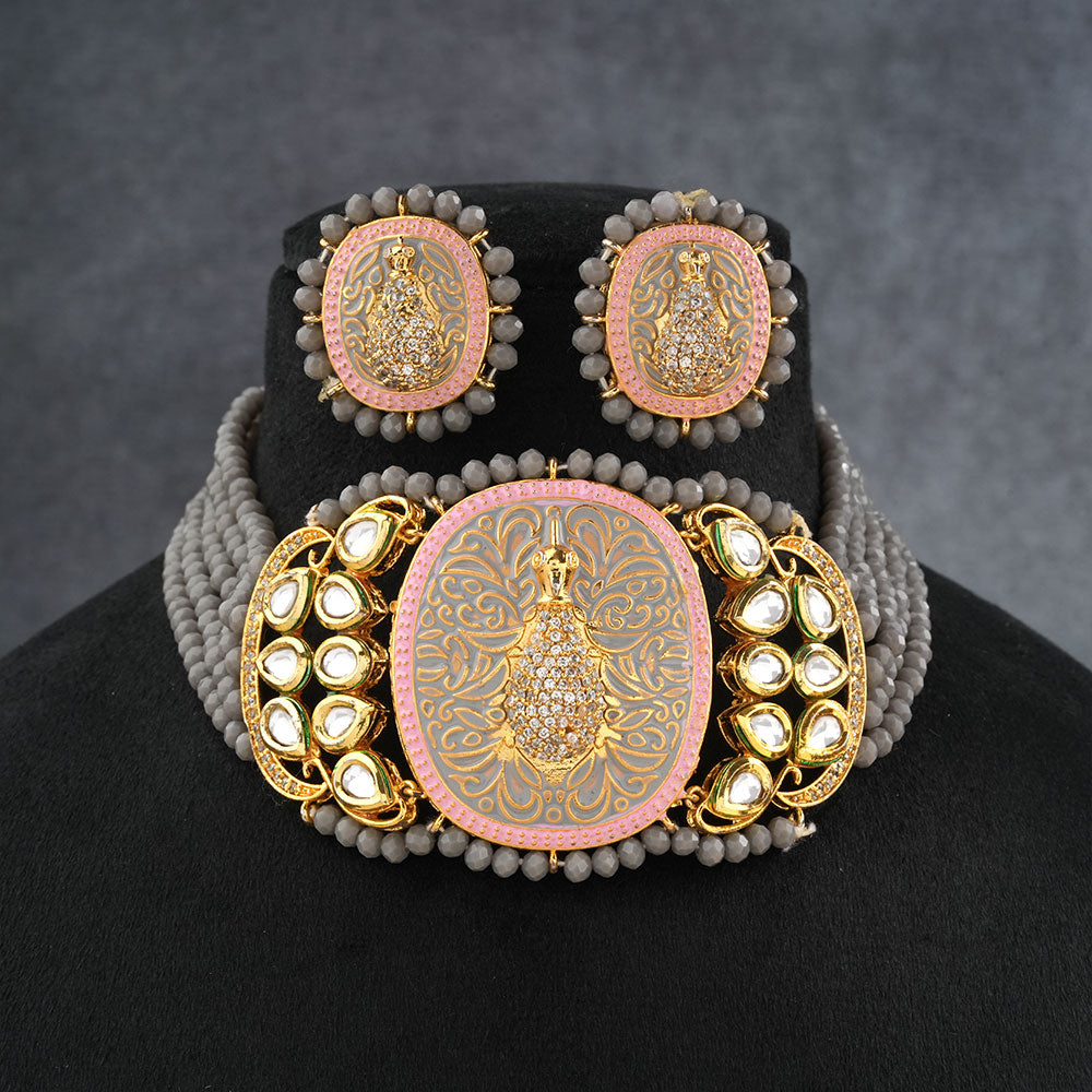 Tanira- Stone studded neckpiece set(Gray)