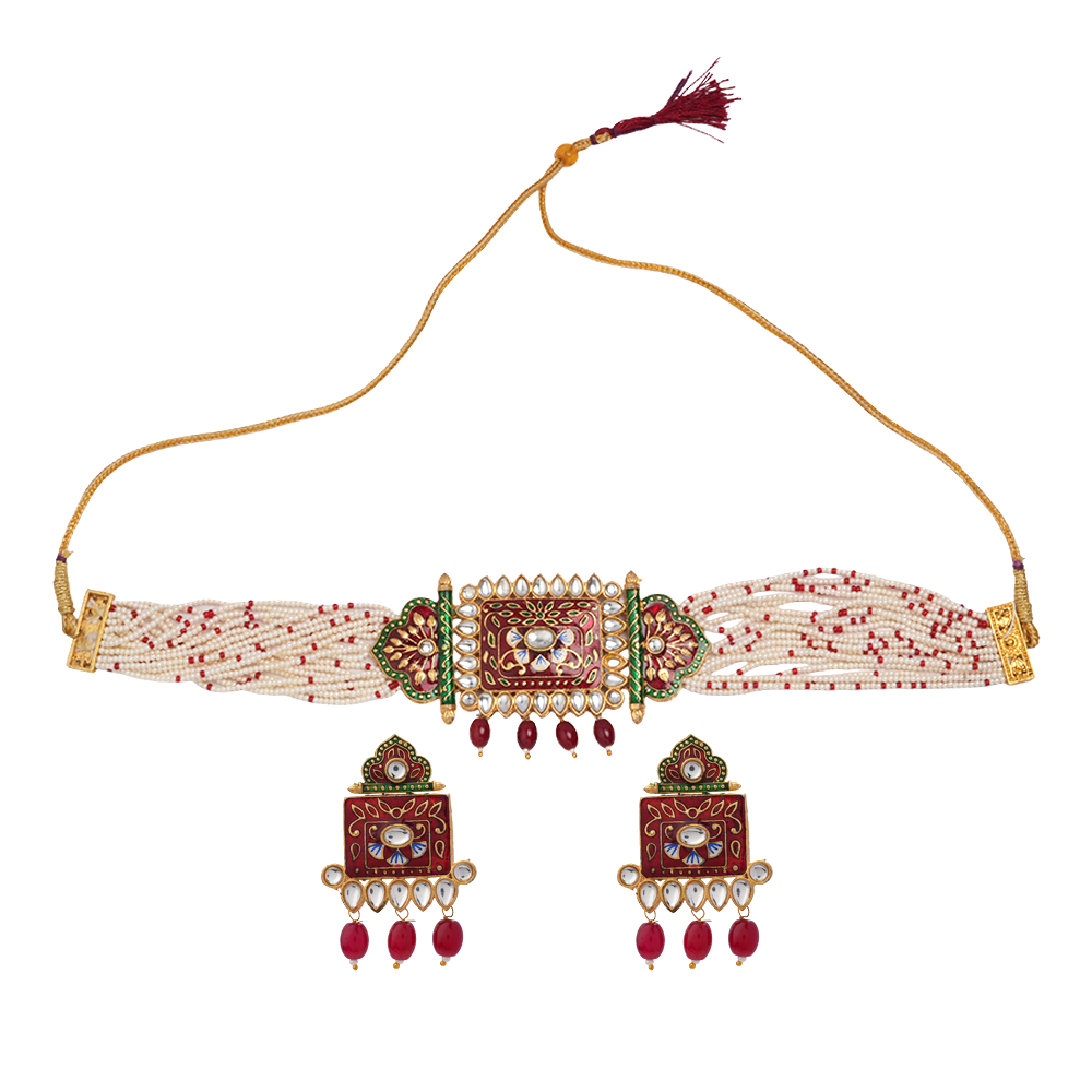 Ishani- Stone Studded Hanging Pearl Beaded Neckpiece Set (Red)