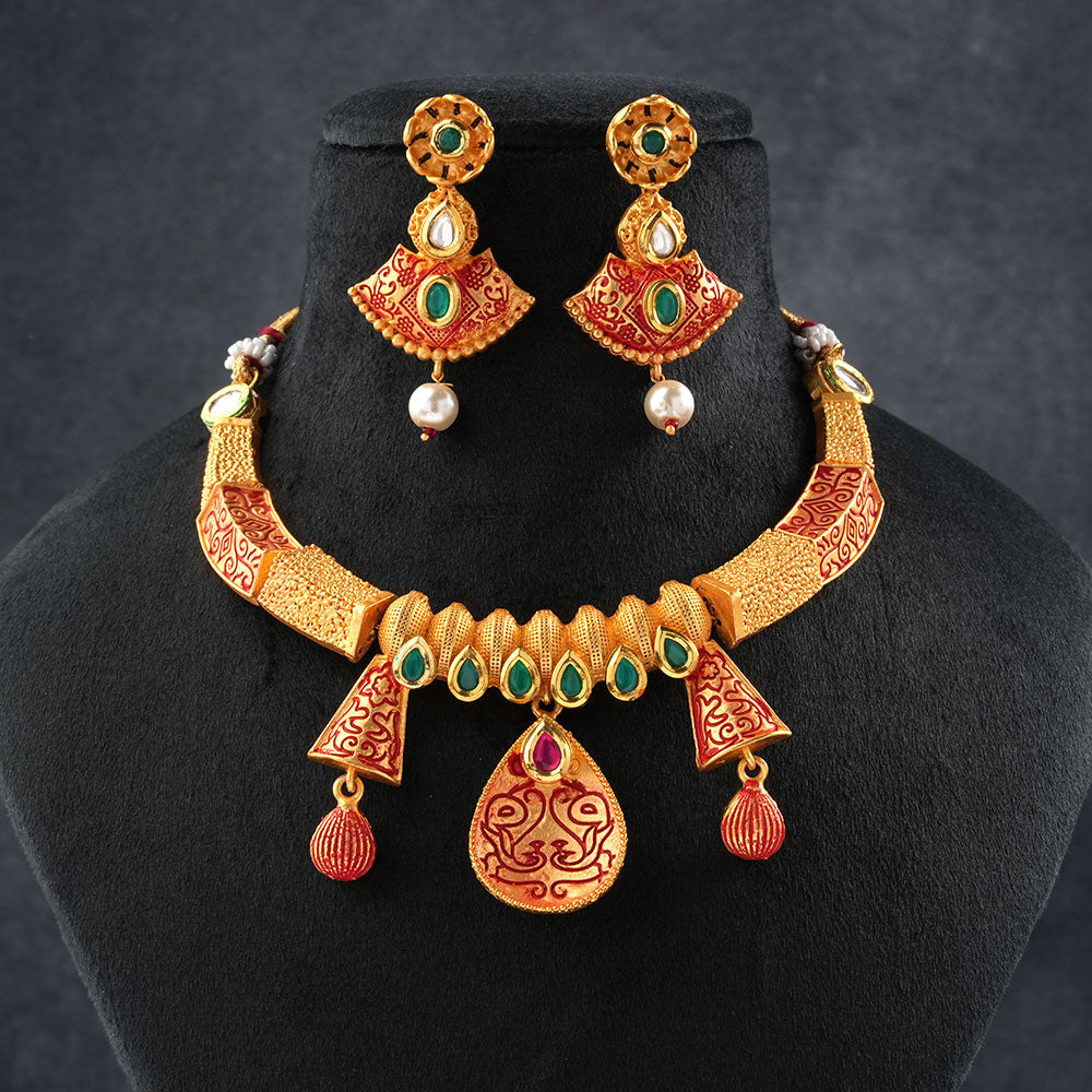 Reyshi- Stone studded hanging pearls Neckpiece(Multicolored)