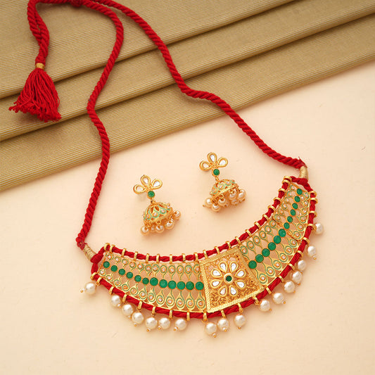 Anira- Stone studded hanging pearls Neckpiece set (Green)