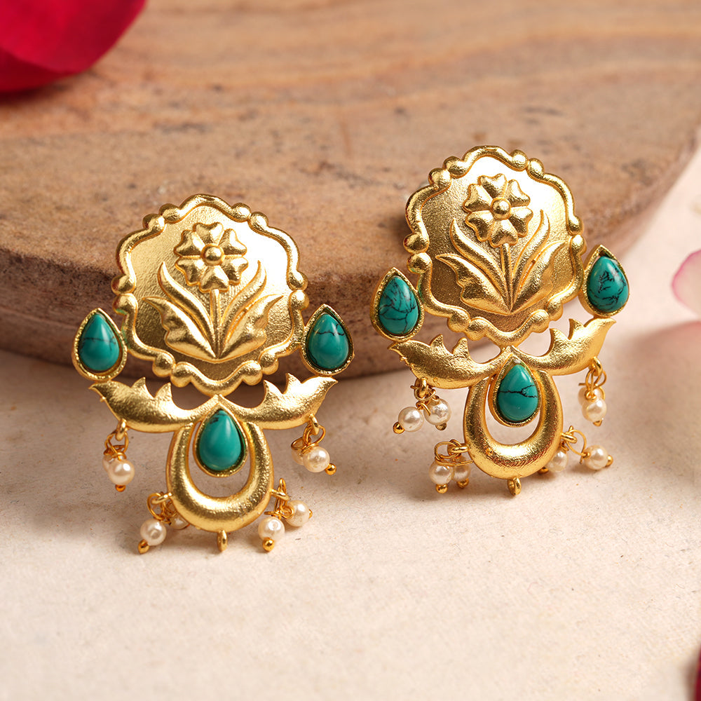 Ritika- Stone Studded Hanging Pearls Dangler Earrings(Green)