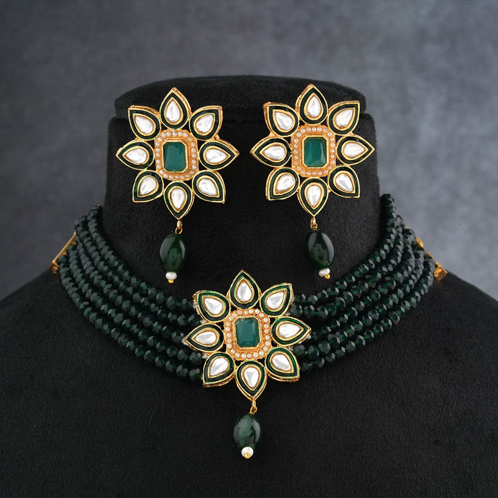 Naiyra- Stone studded hanging pearls Neckpiece set (Green)