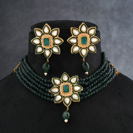 Naiyra- Stone studded hanging pearls Neckpiece set (Green)