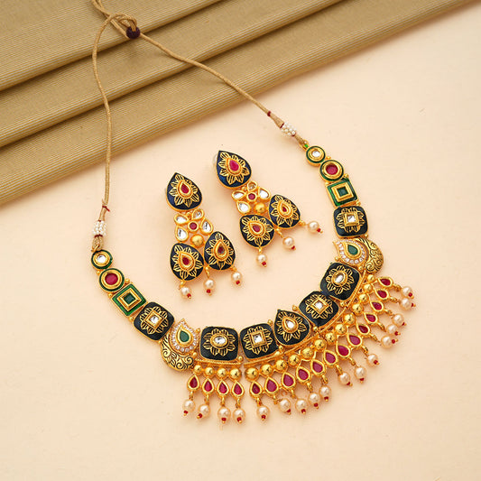 Arzaya- Stone studded hanging pearls Neckpiece set