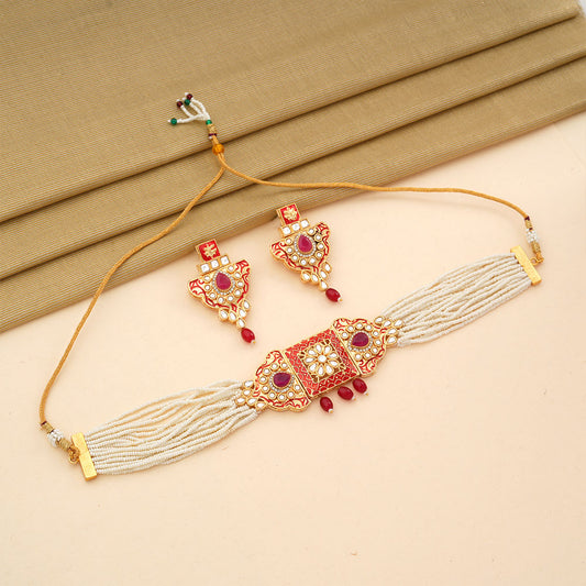 Anaira- Stone studded neckpiece set(Red)