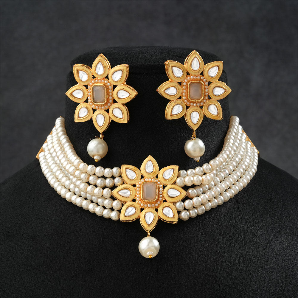 Naiyra- Stone studded hanging pearls Neckpiece set (White)