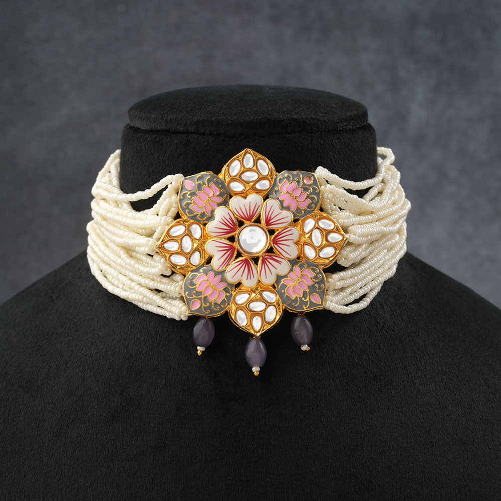 Liyana- Stone studded Neckpiece set(Gray)