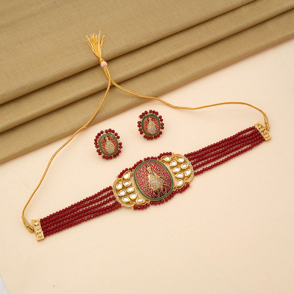 Tanira- Stone studded neckpiece set(Dark Red)