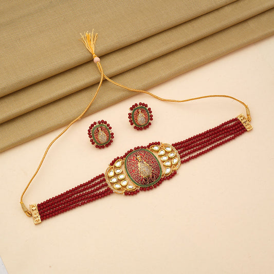 Tanira- Stone studded neckpiece set(Dark Red)