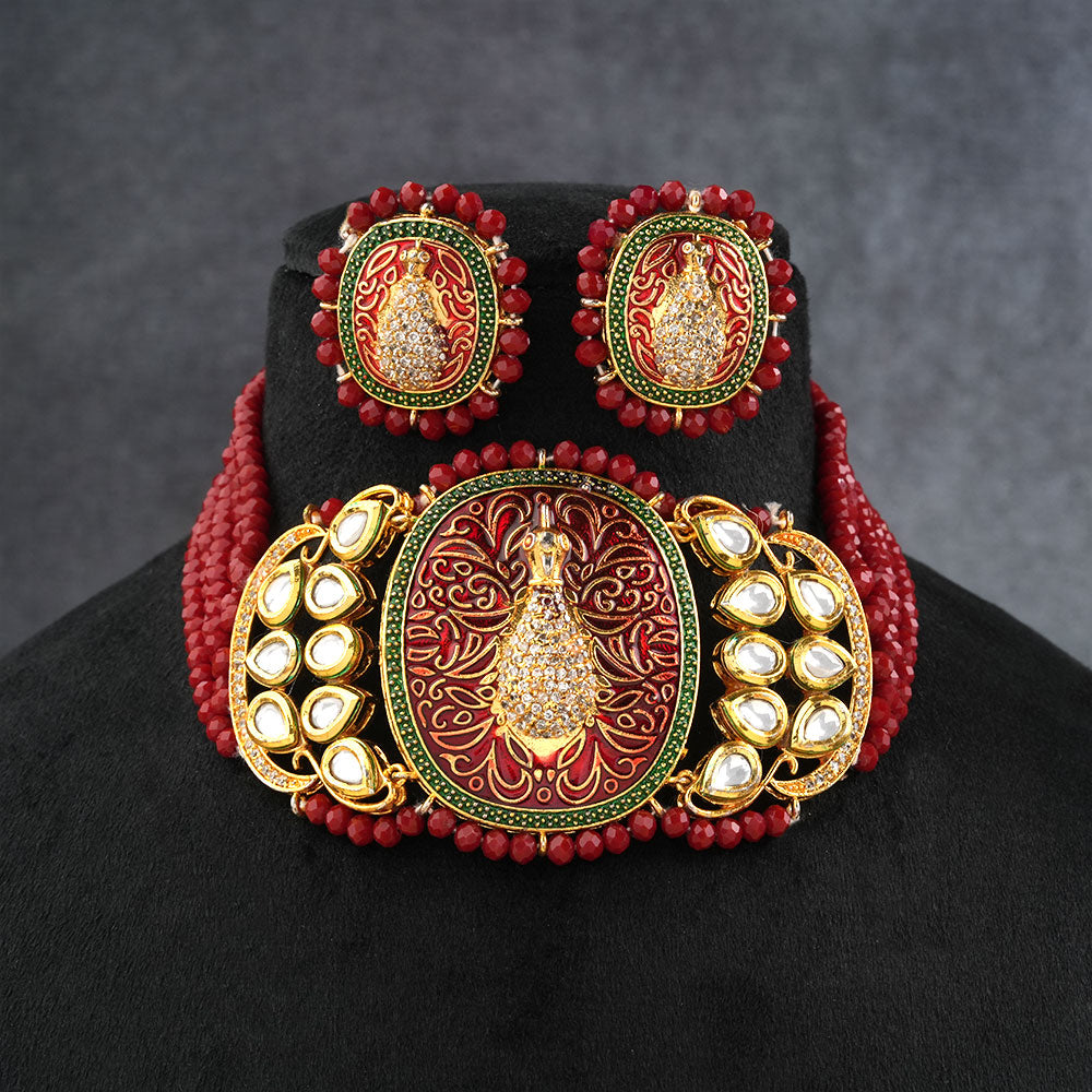 Tanira- Stone studded neckpiece set(Dark Red)