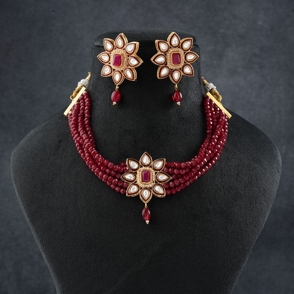 Naiyra- Stone studded hanging pearls Neckpiece set (Red)