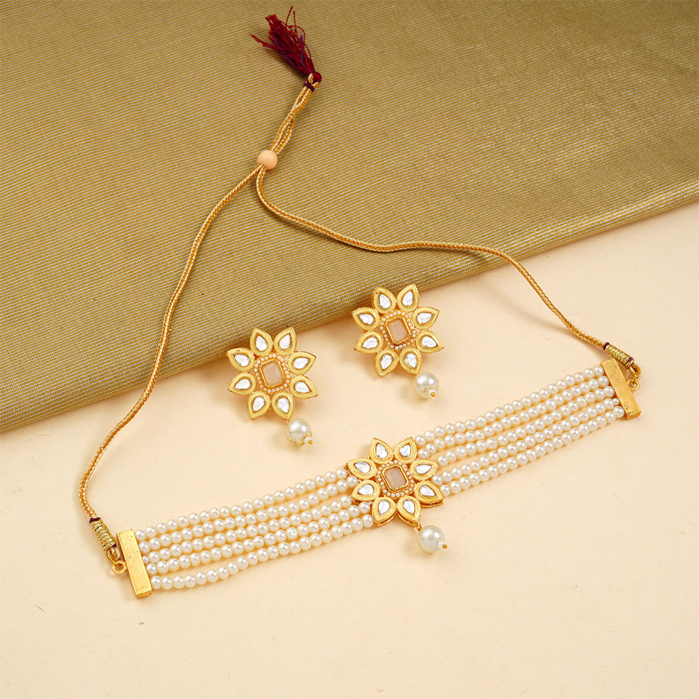 Naiyra- Stone studded hanging pearls Neckpiece set (White)