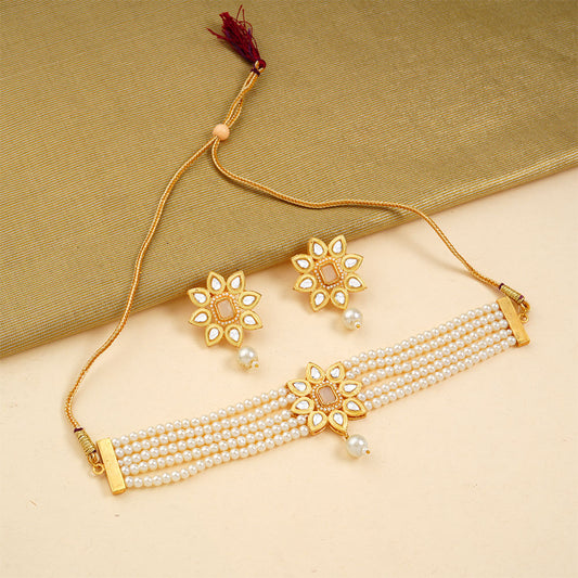 Naiyra- Stone studded hanging pearls Neckpiece set (White)