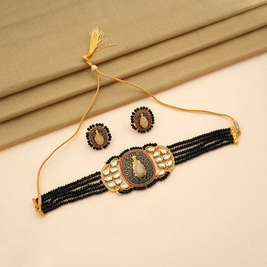 Tanira- Stone studded neckpiece set(Black)