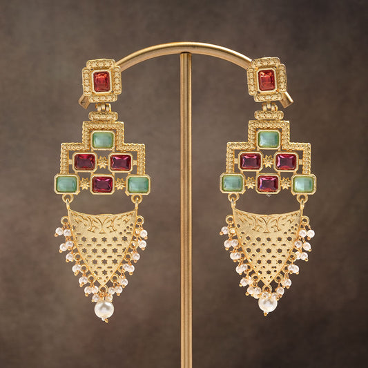 Arvya- Stone studded hanging pearls dangler earrings(Multicolor)