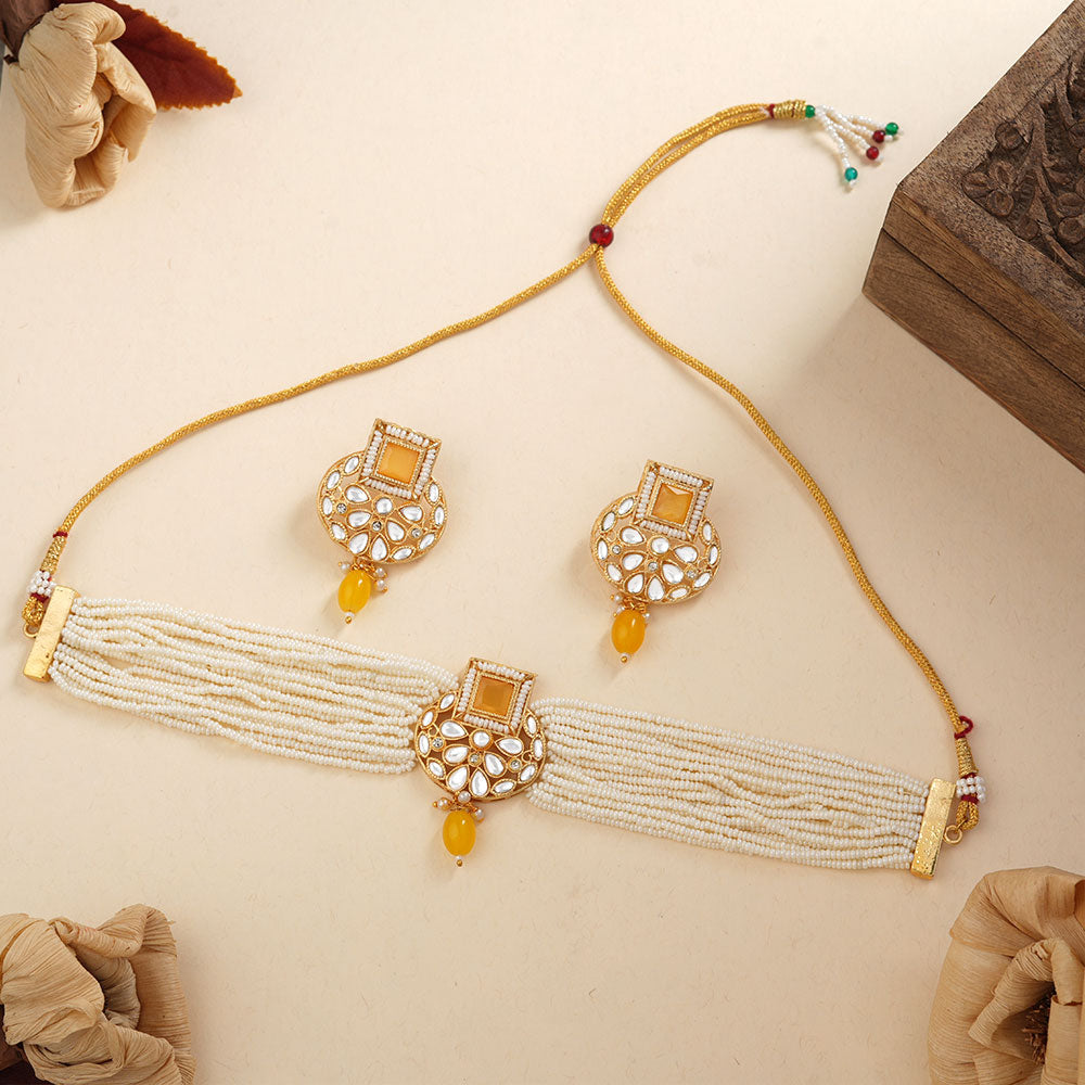 Veha- Stone studded Neckpiece set(Yellow)