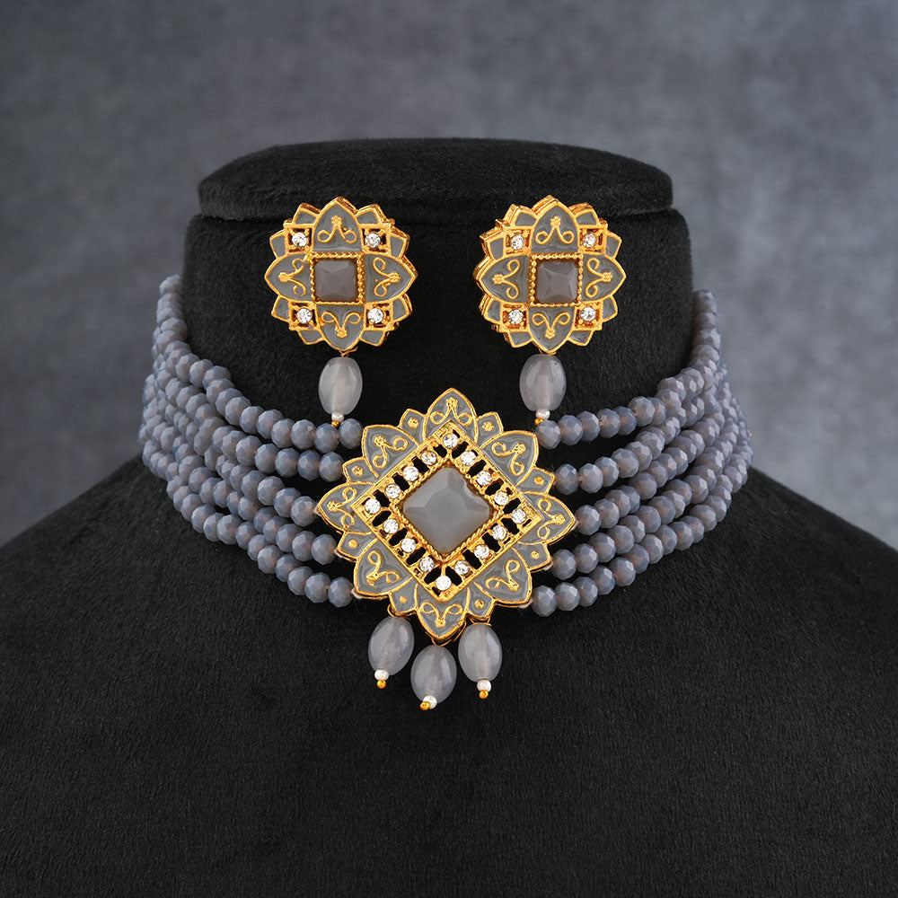 Iyana- Stone studded Neckpiece set(Gray)